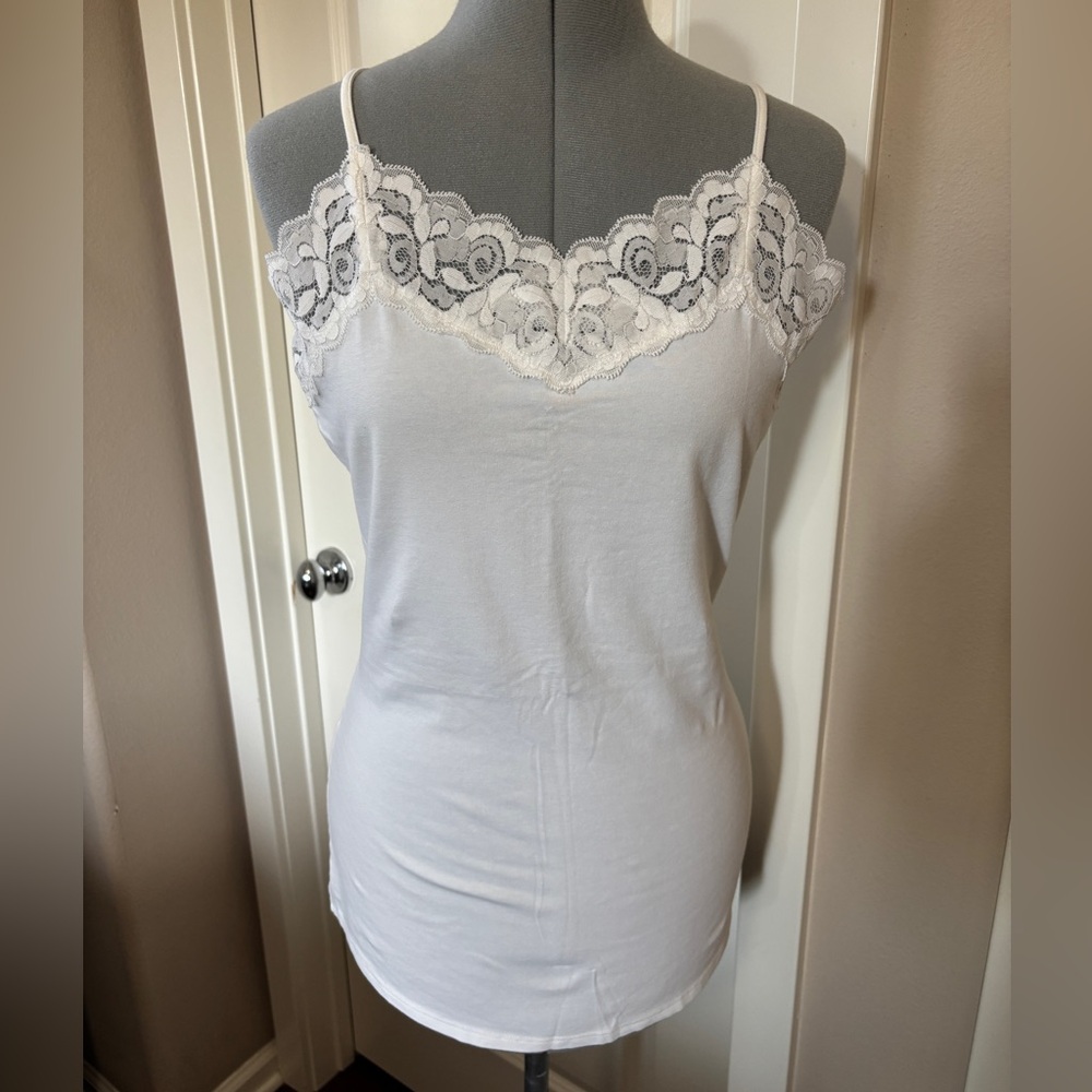 Lace Trim / Cotton & Spandex Garnet Hill Tank Top, Adjustable, White, Size M